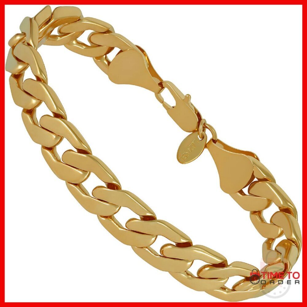 10in 12mm Flat Cuban Link Bracelet 24k Gold Plated Heavy Chain